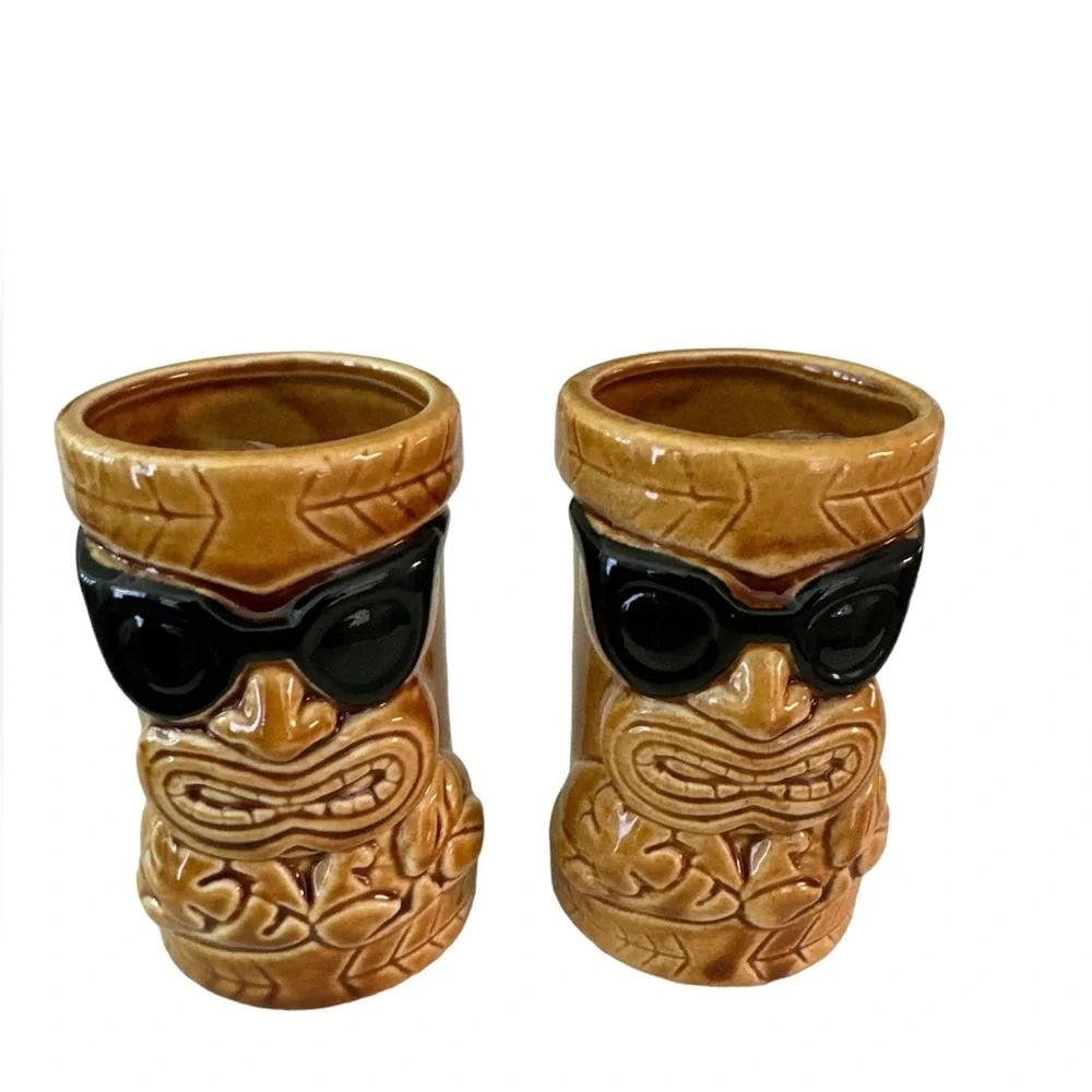 Miniman Tiki Ceramic Shot Glass Mugs Brown Black Set of Two New No Tags